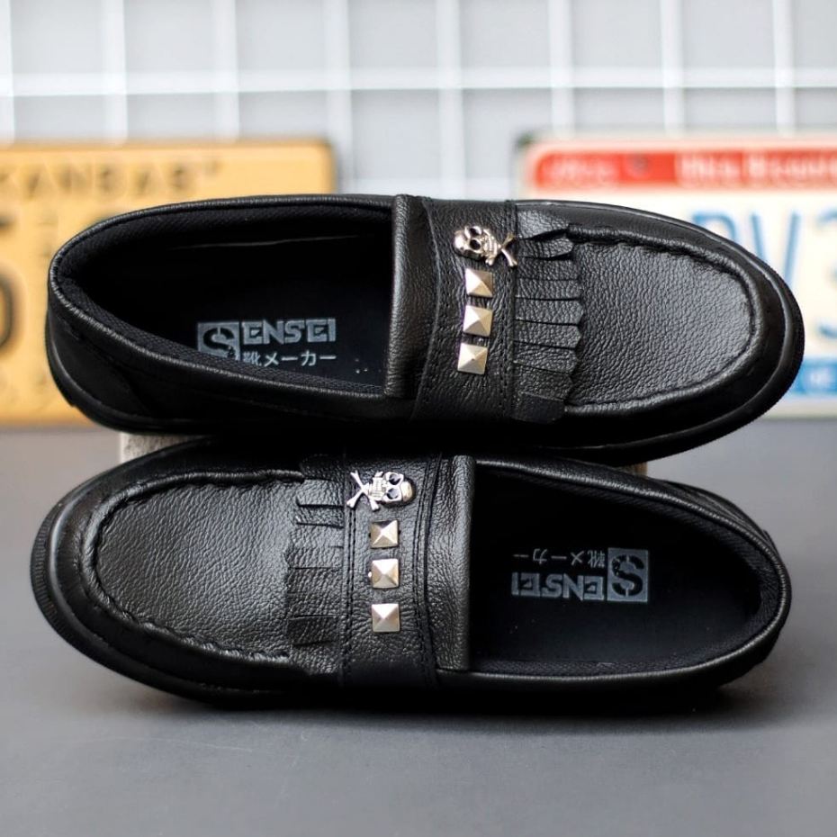 ZOVAN Skull Sepatu Slip On Sneakers Casual Pria Kulit Asli Hitam Original