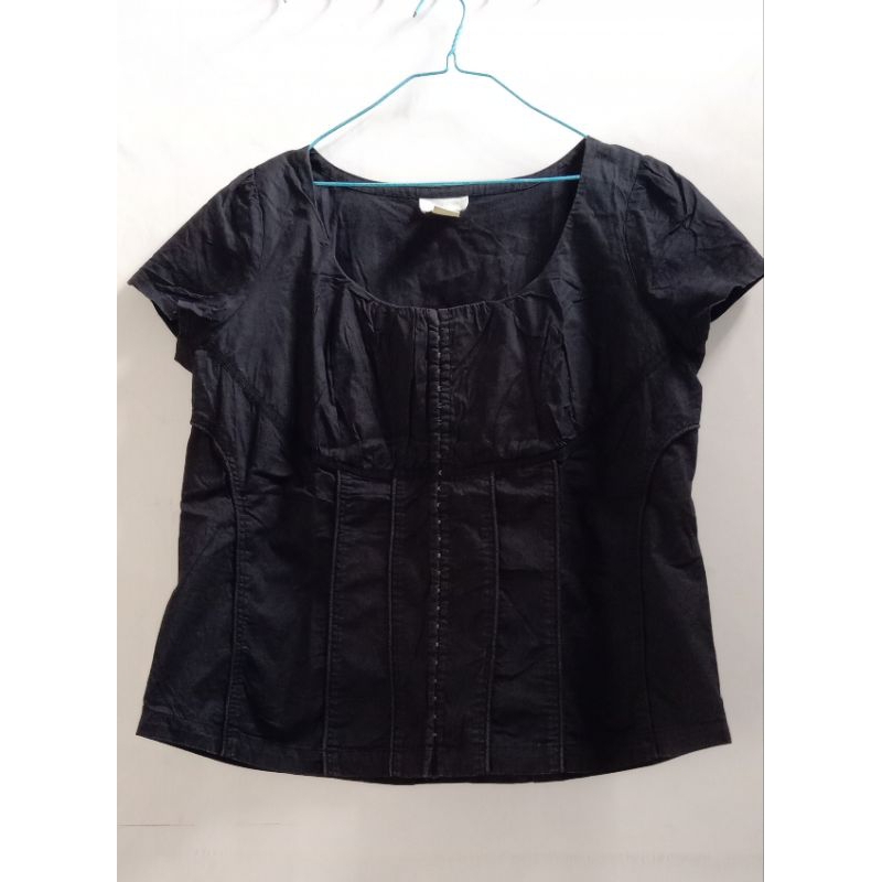 blouse hitam lengan pendek bermotif polos Thrift wanita