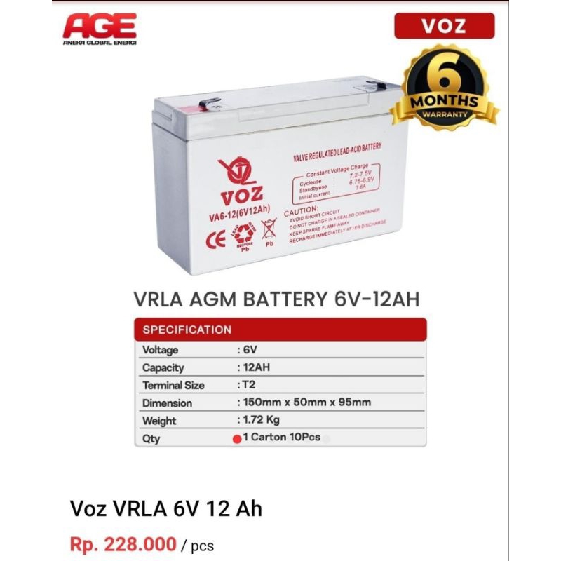 Baterai Voz VRLA AGM Aki kering 6 Volt 6V / 12Ah