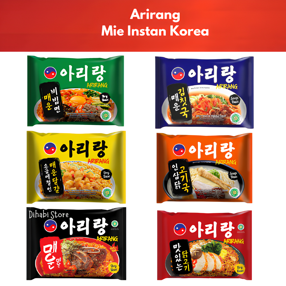 

Arirang Mie Instan Korea Spicy Bibim Ramyun , Tasty Chicken Fried Noodle , Spicy Kimchi , Spicy Salted Egg , Extra Hot , Chicken Ginseng Noodle Soup