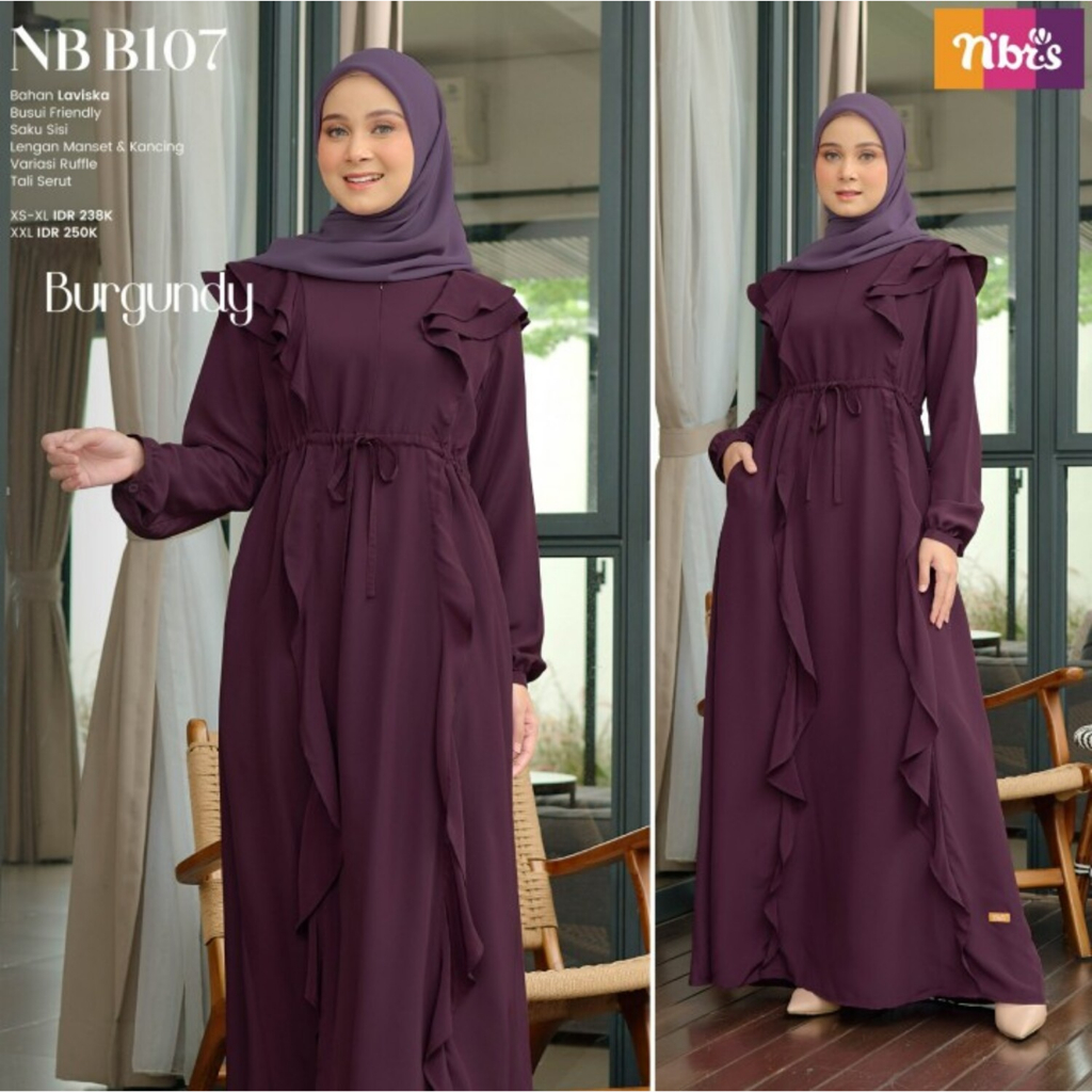 Gamis Dress Muslim Serut Polos Simple  NB B107 Nibras Variasi Kancing Manset Ruffle Wanita
