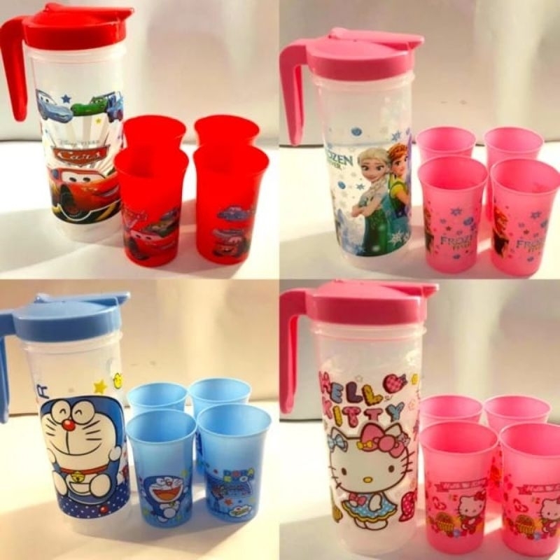 Teko set gelas plastik karakter 5 in 1