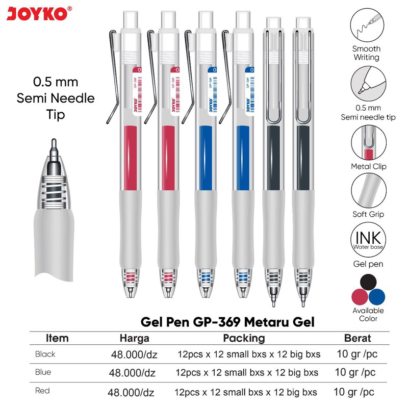 

( 1 pcs ) Pulpen Metaru Gel Retractable tinta Warna Hitam Joyko / Gelpen Color Cetrek GPC-369 / Bolpen jel Color GP-369 0.5mm Soft Grip Joyko ( tersedia harga lusin )