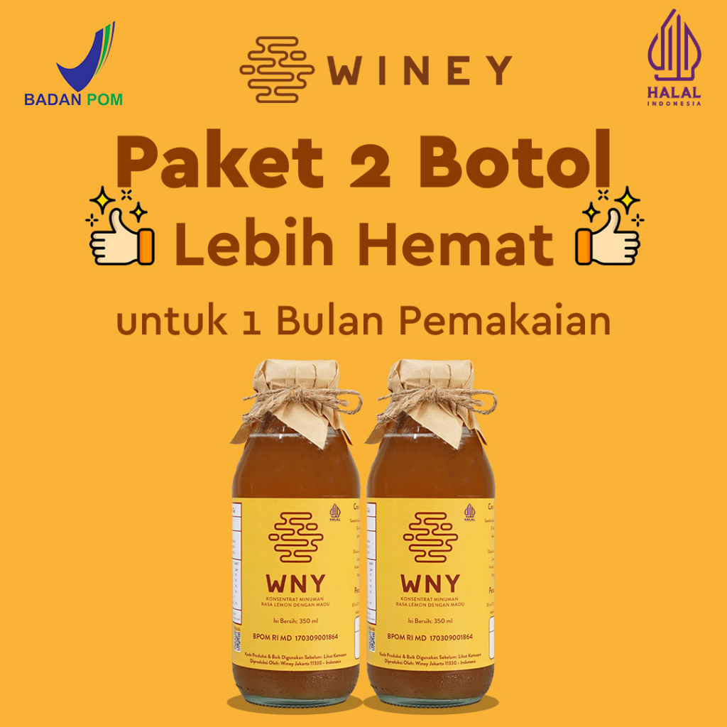 

WNY 350 ml | PAKET 1 BULAN 2 BOTOL | Winey Healthy Drink | BPOM | HALAL | UNTUK GERD, DIET, PENURUN BERAT BADAN, INSOMNIA, ASAM LAMBUNG, DETOKS, BATUK, FLU, RADANG TENGGOROKAN | BERGARANSI