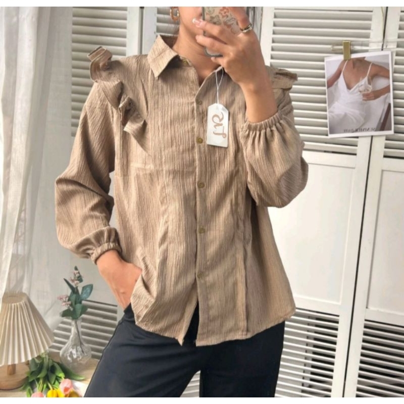 Ruffle Blouse Wanita Ruffle Crinkle Shirt Kemeja Peplum Baju Kantor Formal Kerja Cewek Kemeja Ruffle BabyDoll Tangan Panjang Kemeja Basic Polos Atasan Wanita Lengan Panjang Kancing Depan Longsleeve Shirt Casual shirt