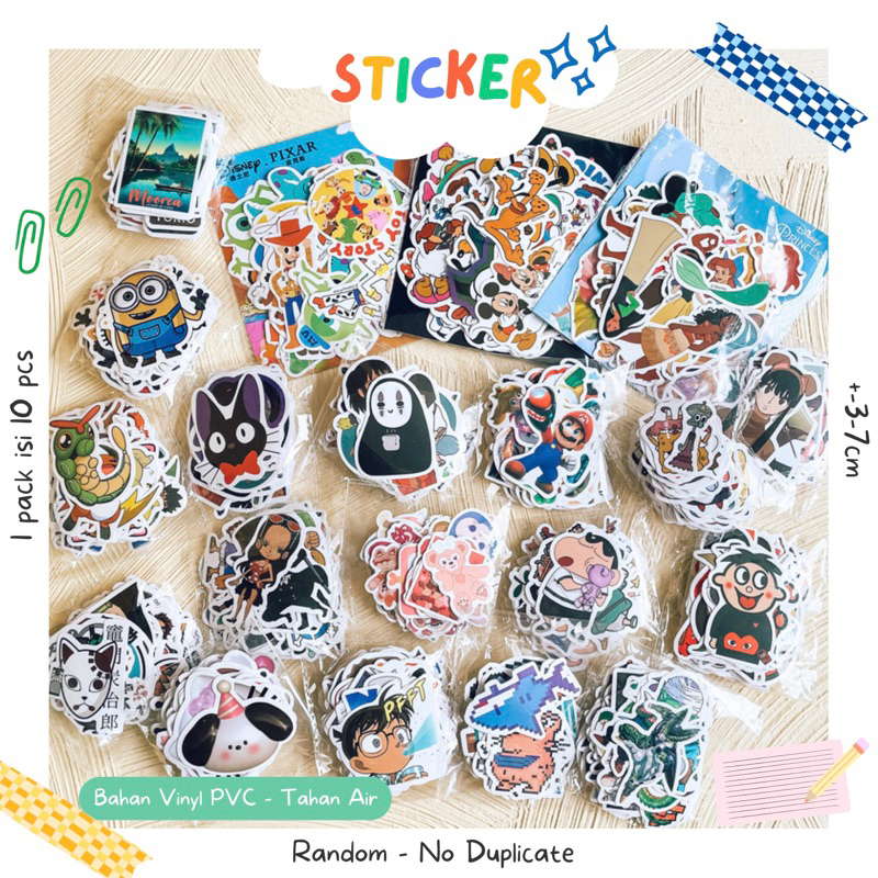 

Sticker Cartoon isi 10 pcs | Toy Story, Mickey Mouse, Disney Princess, Mario, Spongebob, Dufffy and Friends, Minions, Sanrio, Stitch, Doraemon, Chibi Maruko Chan, Super Hero Marvel DC, Tom & Jerry, Sailor Moon, Gumball, Pocchacco, We Bare Bears