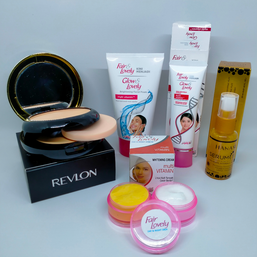 Paket 5in1 Fair&Lovely termurah Foam 50ml-Krim Siang Malam-Bedak Revlon 2in1-pelembab 25 gr-serum ha