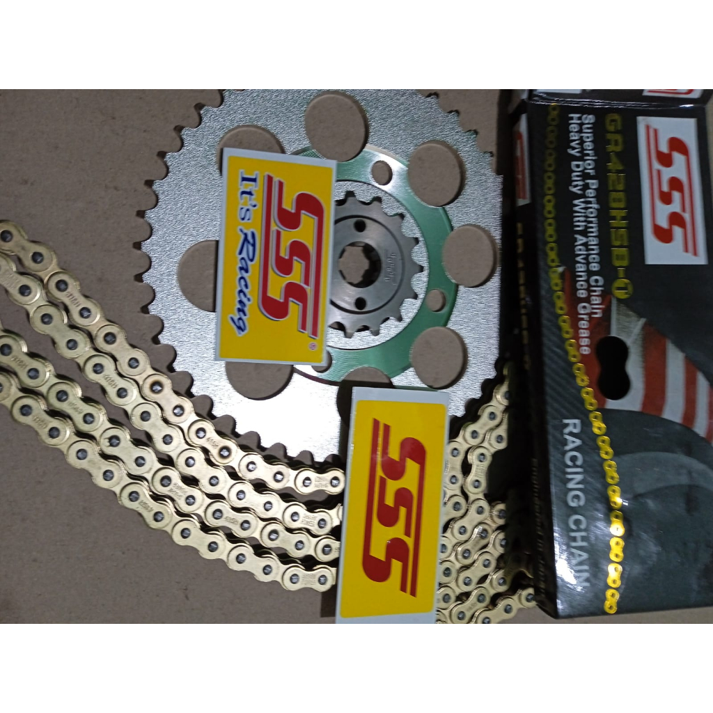 Gear Set SSS 428(Tebal) Dan Rantai Gold SSS HSBT Satria FU 150 2002 sd 2012(Fu Old), Satria Fu 2013 