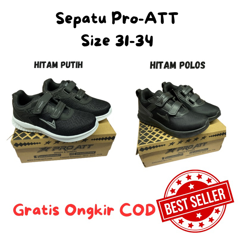 Sepatu Sekolah ProATT Laki-Laki dan Perempuan Perekat Hitam putih Hitam Polos Size 31-34