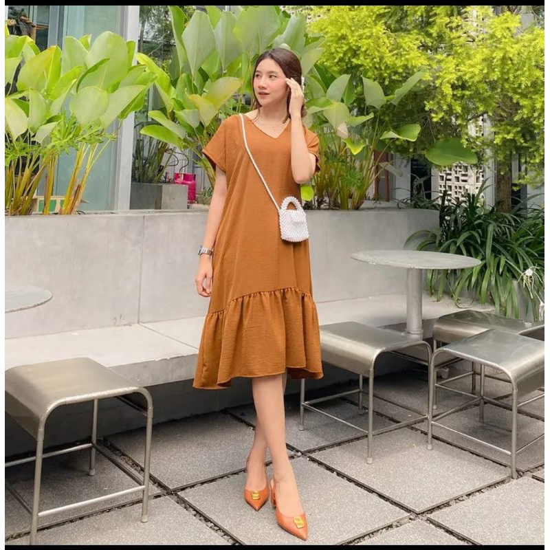 Jennie Dress Daster Kekinian Wanita Ruffle Kerah V neck Crinkle Airflow Jumbo | Daster Airflow Oblon