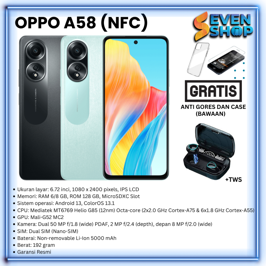 OPPO A58 NFC 12GB RAM 6/128 6GB + 6GB 128GB  8/128 8+8/128 Tipe BARU Garansi Resmi