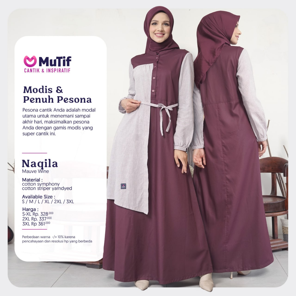 Baju Gamis Mutif Naqila Brown, Mauve Wine
