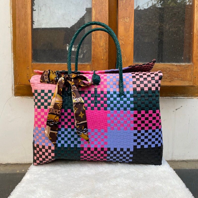 Tas Anyaman Wanita YA Buwuh Tutup 15 kg dengan Pegangan kuat dan Pita Cantik - Tote Totebag Hitam Ba