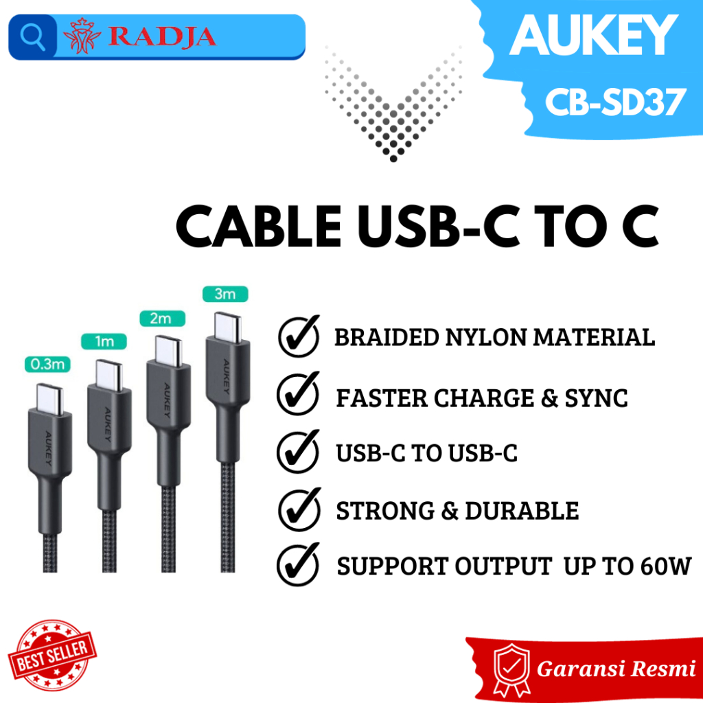 Aukey CB-CD37 Kabel Data Charger Type-C USB-C To USB-C 3A isi 4