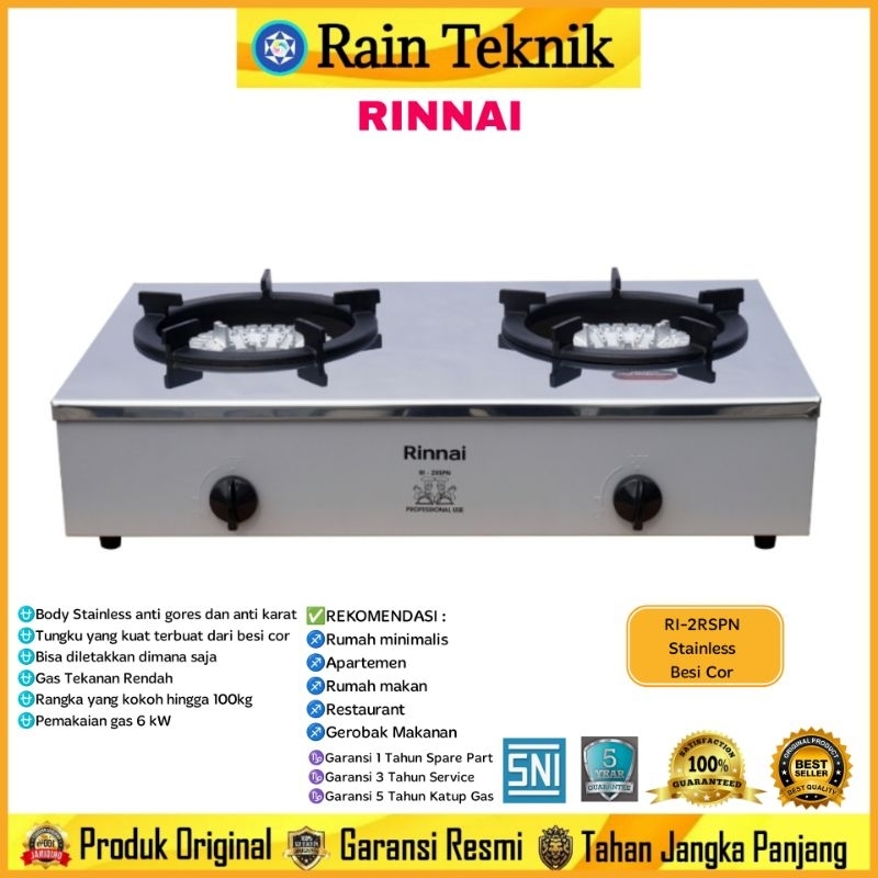 Kompor Gas Rinnai  Komersil RI-2RSPN Stainless + Besi cor (2 Tungku) / Kompor Gas Rumah Anti Gores R