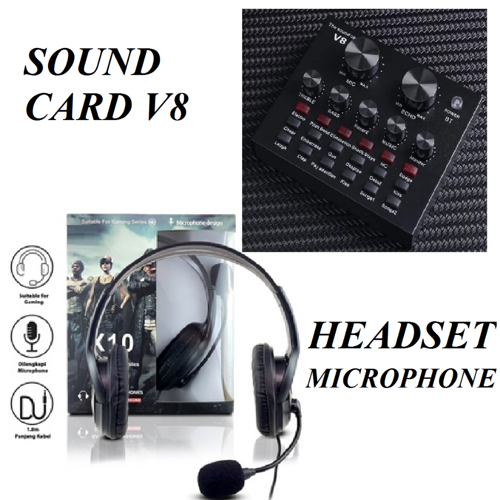 Paket Komplit Headset Microphone Kabel Black + Sound Card Bluetooth V8