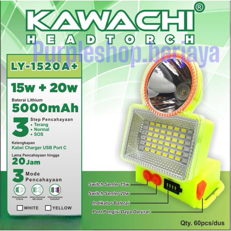 Senter Kepala Kawachi 15Watt dengan 20Watt Cahaya Darurat TAHAN AIR WATERPROOF