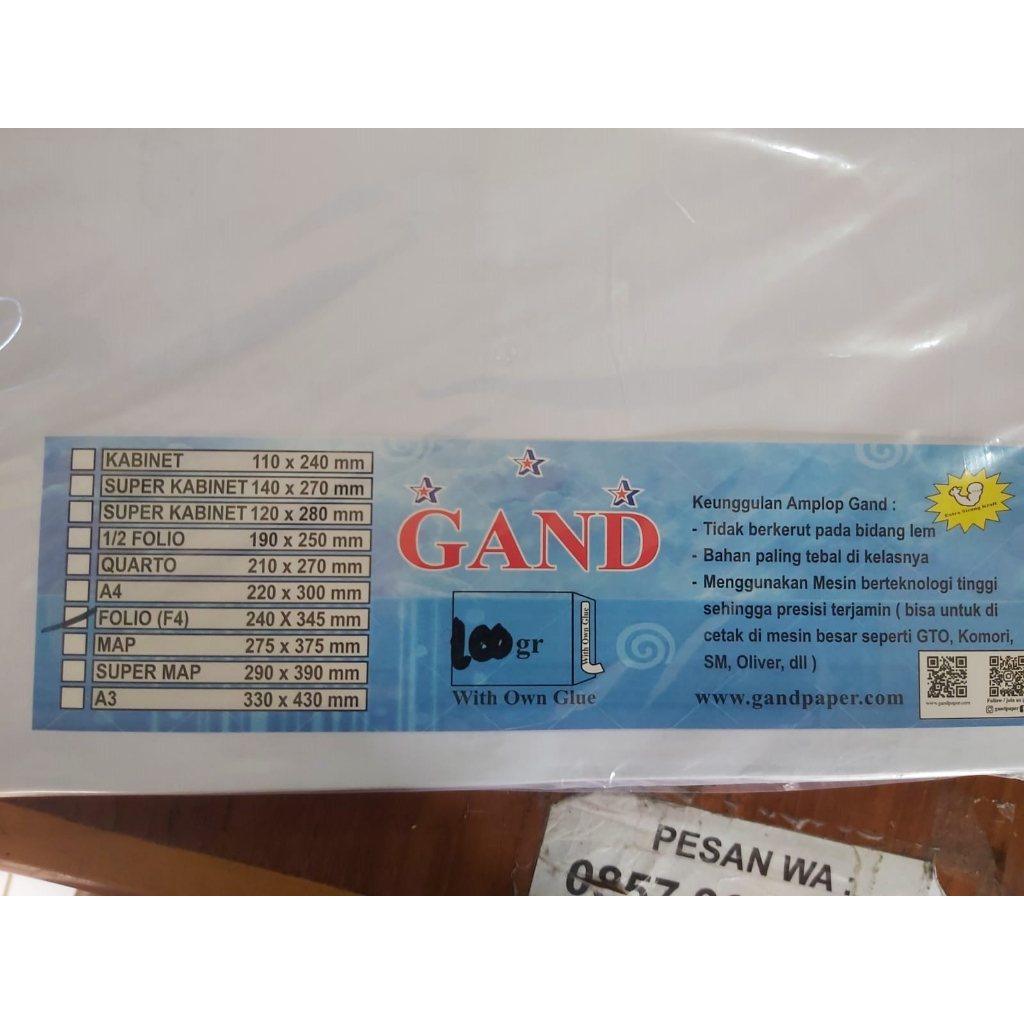 Amplop Putih Gand F4/Folio Seal 100 Gram 1 Pack 100 Lembar