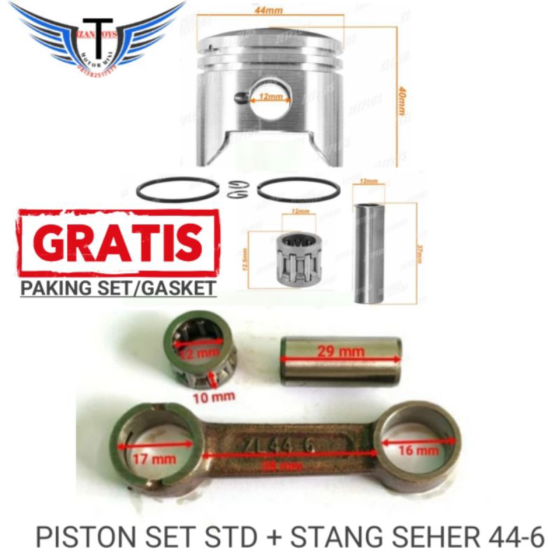 paket stang seher dan piston ukuran 44mm/motor mini trail/mini gp/mini ATV mesin rumput 50cc