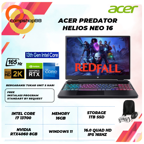 Laptop Acer Gaming Predator Helios Neo 16 I7 13700 RTX4060 8gb 16gb 1tb ssd Windows 11 16.0 Quad Hd Ips 165Hz