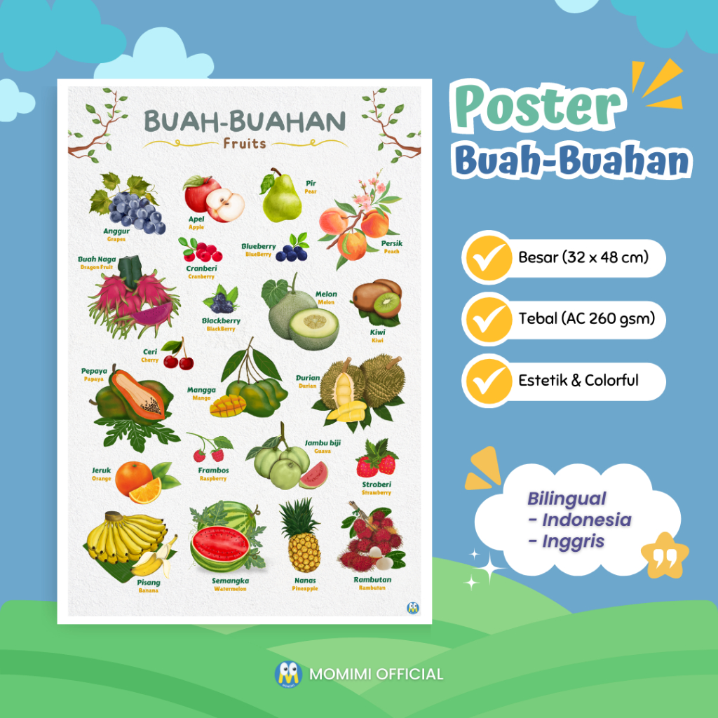 Poster Dinding Edukasi Belajar Anak mengenal BUAH BUAHAN Estetik Bilingual Bahasa Indonesia-Inggris