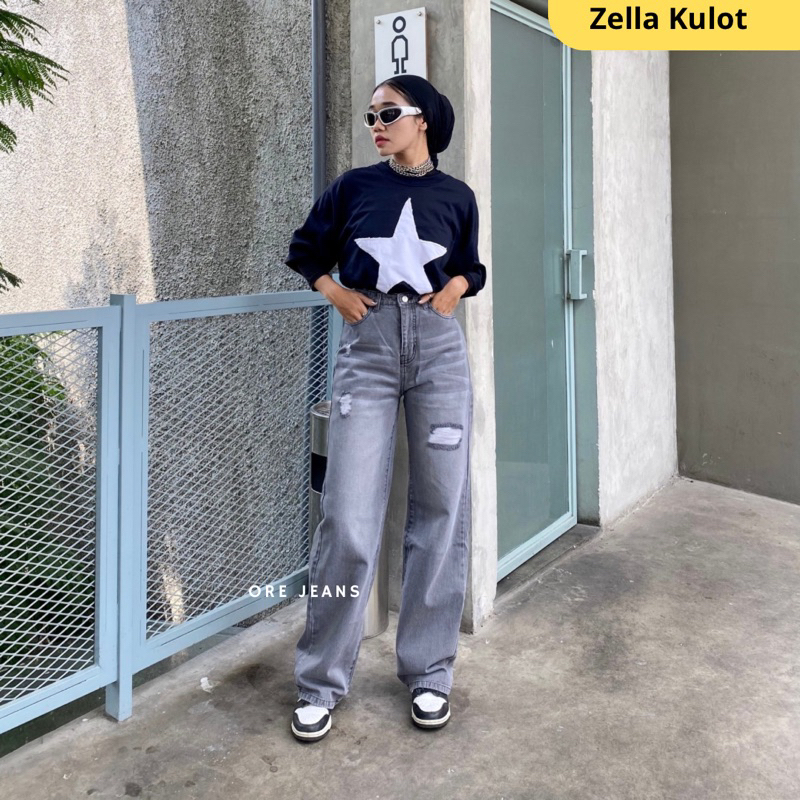 ORE - HW Zella Kulot Jeans Sobek Lapis Wanita Terbaru - Wide leg Jeans Overlong Terkini