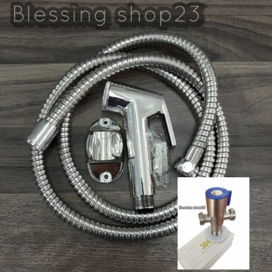 paket jet shower kloset set+Stop kran T toilet stop kran cabang BIRU