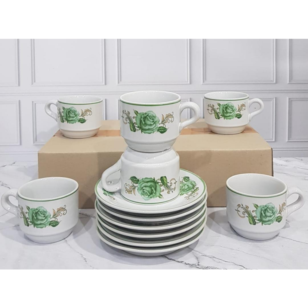 Gelas Cantik; Cangkir Set Mawar list isi 6 tatakan & 6 cangkir - Gelas kopi dan teh