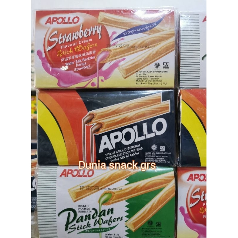 

Apollo stick wafer isi 24pcs varian coklat strawbery pandan