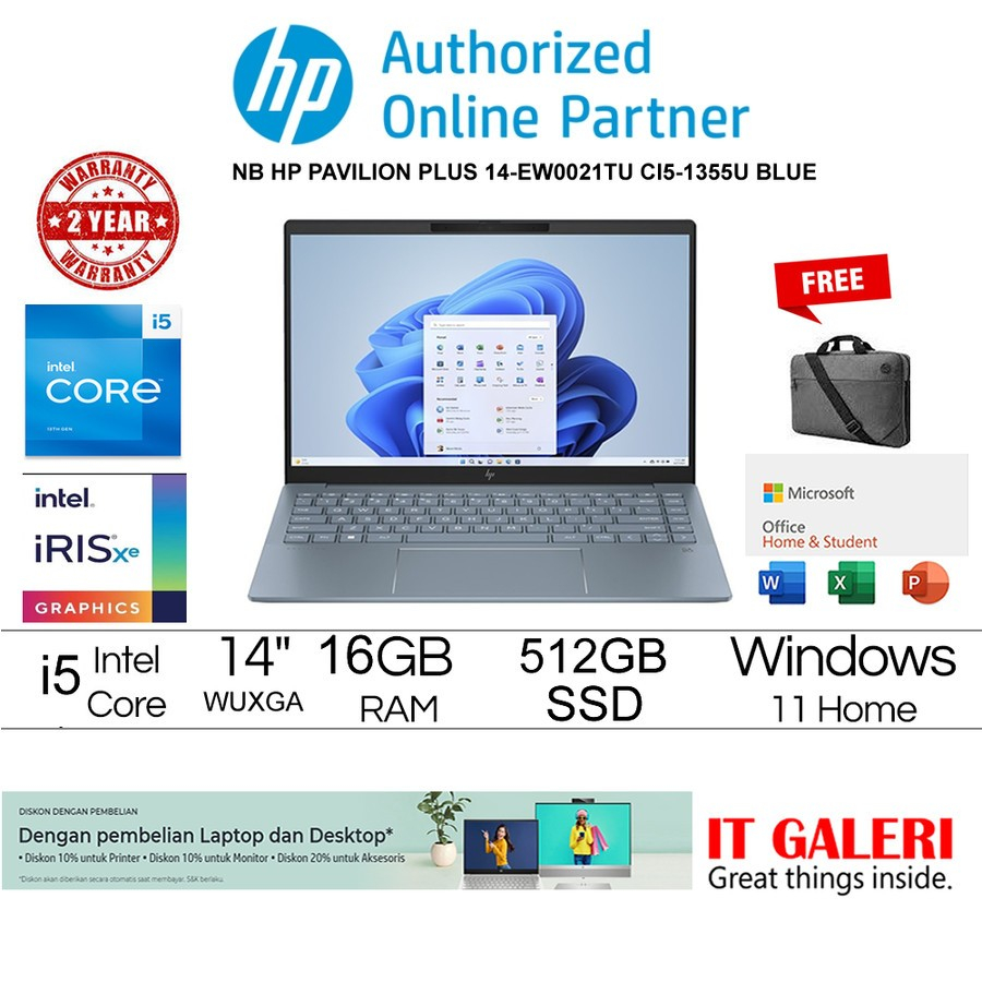 [ FREE GOPAY ] HP PAVILION PLUS 14-EW0020TU | 14-EW0021TU CI5-1355U/16GB/512GB/14.0/WIN11+OHS2021/BL