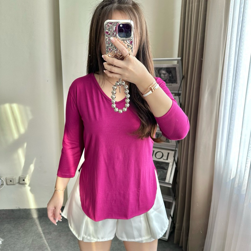 Kaos Polos Wanita Lengan 7/8 Slit Unfinished | Maimon Grosir