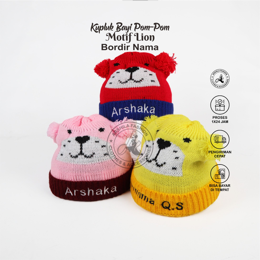 Topi Bayi Kupluk Rajut Motif Lion Gratis Bordir Nama Anak