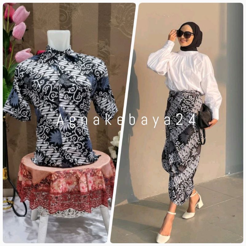 Baju Couple kemeja batik lengan pendek dan rok lilit bahan halus semi sutra batik Nusantara by jurag