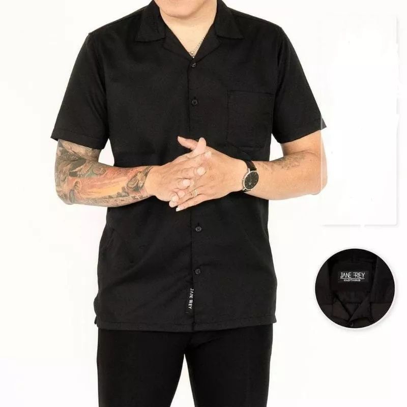 TERMURAH BASIC COLOUR SHIRT - Kemeja Polos Lengan Pendek Kasual Hem Pria kerah V neck/ Piyama hitam 