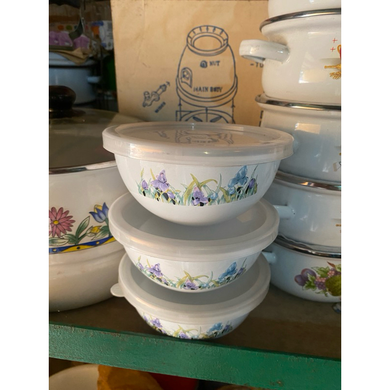 Mangkok Enamel Tutup Plastik Motif Bunga 12cm