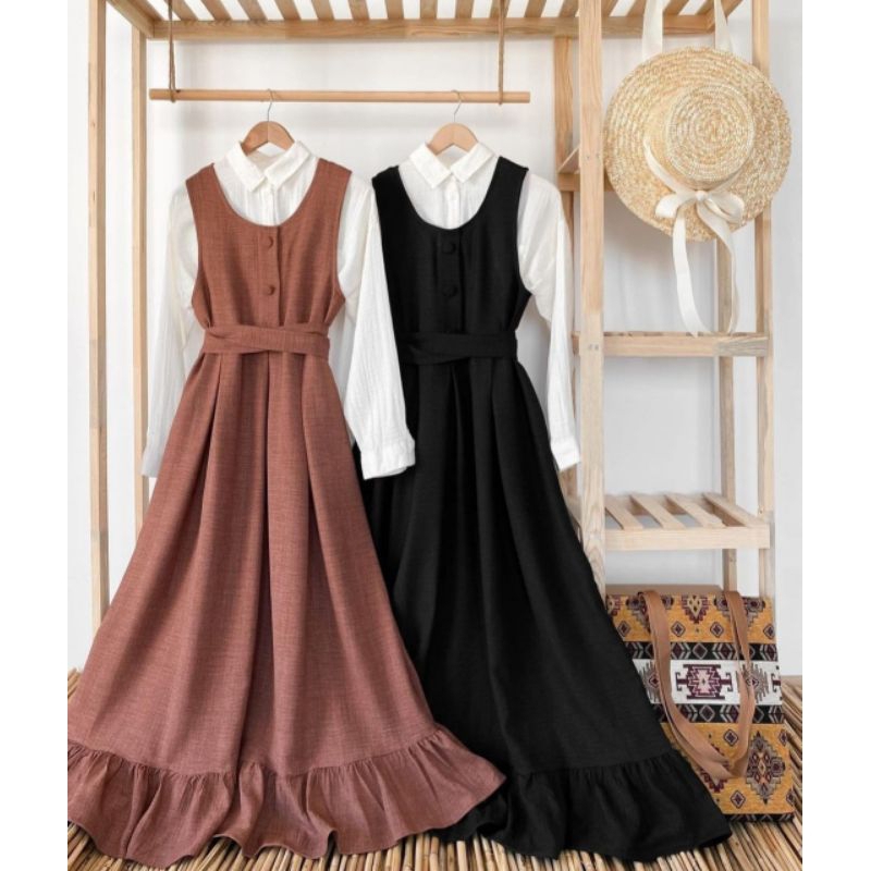 SETELAN GAMIS SET OVERALL TERBARU 2023 BAHAN KATUN LINEN SIMPLE EPEGAN BAJU WANITA REMAJA MUSLIM KEK