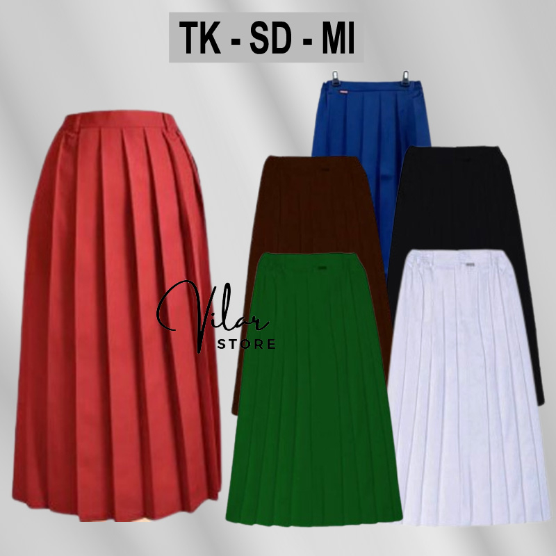 Rok SD Merah Panjang Seragam Sekolah Perempuan Plisket Rempel BIRU PUTIH HITAM HIJAU COKLAT PRAMUKA 