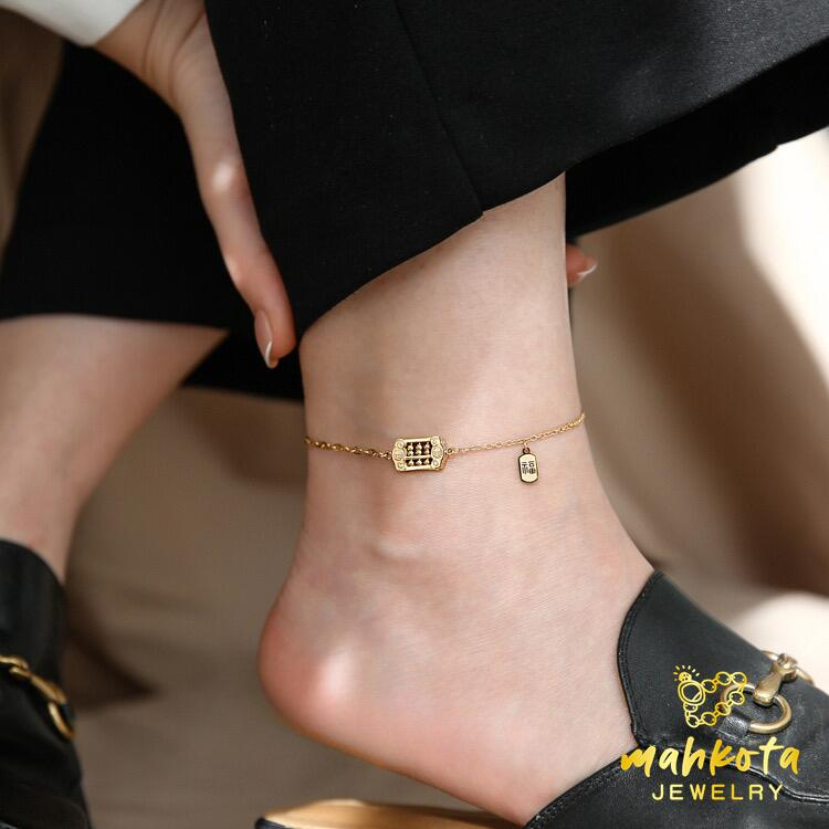GK91 Gelang Kaki Titanium Premium Wanita Rantai Nori Simple Elegant Lapis Emas 18K