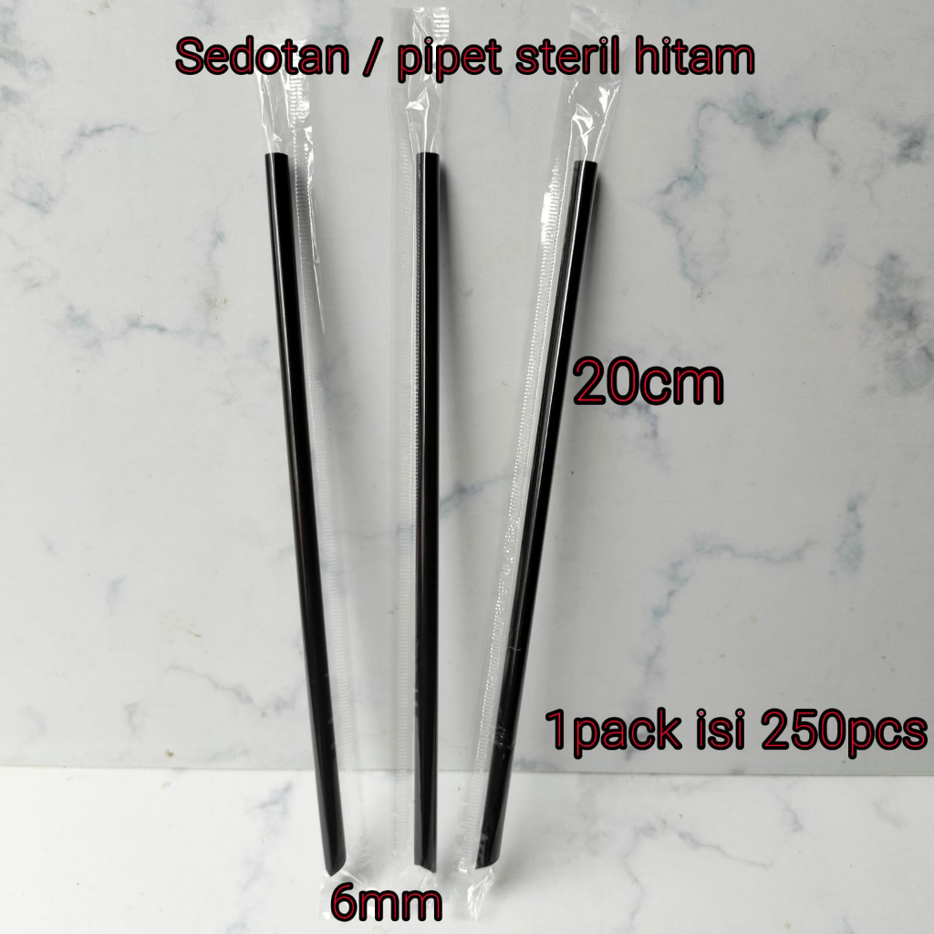 Sedotan Steril Hitam hygenis Plastik panjang 20cm diameter 6mm Lancip Runcing Medan isi 250pcs