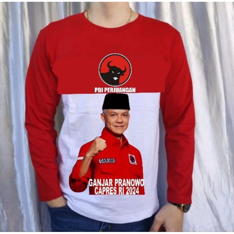 kaos distro merah putih lengan panjang pdi ganjar pranowo