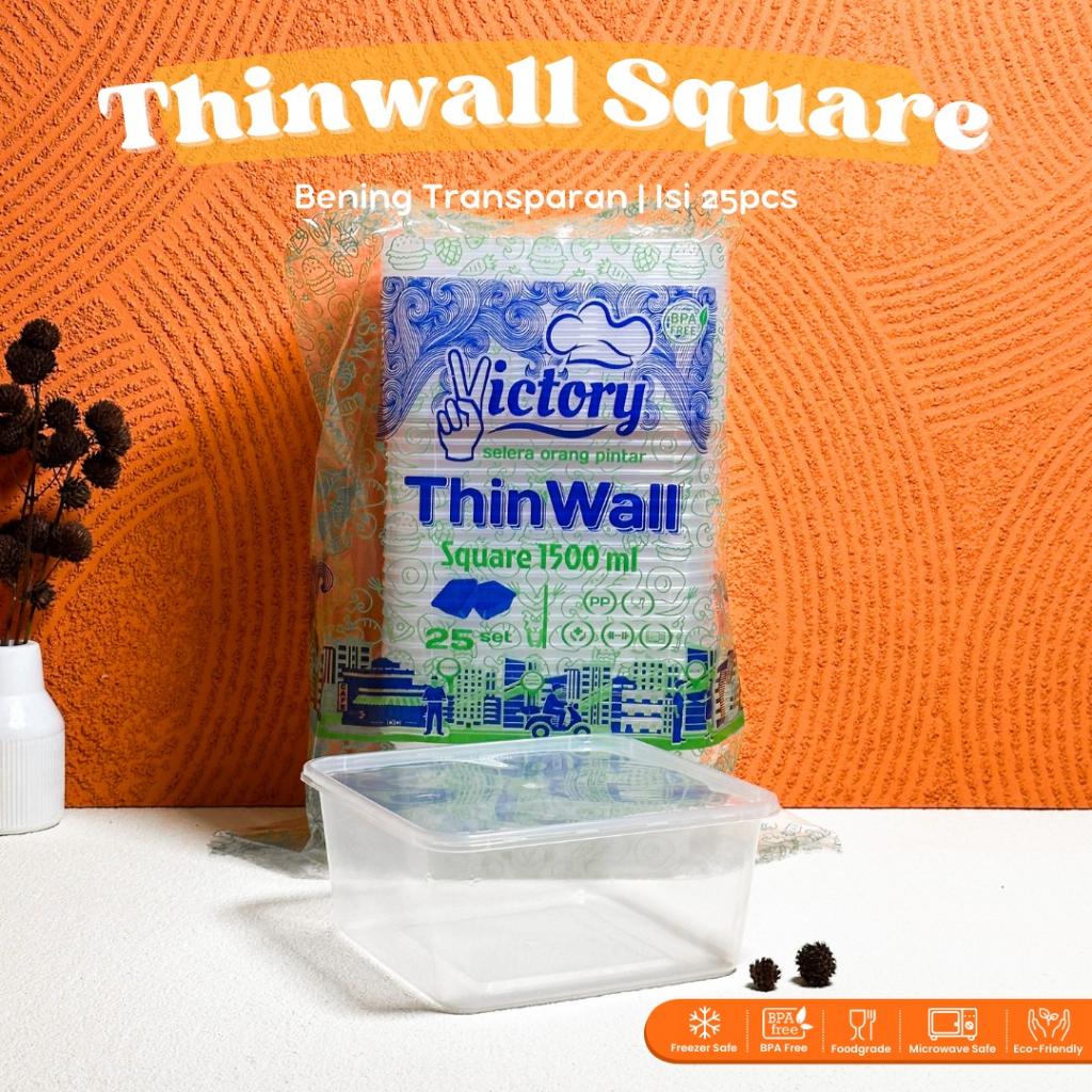 [ISI 25 PCS] THINWALL BUJUR SANGKAR 1500ML + TUTUP VICTORY / KOTAK MAKAN PLASTIK SQUARE 1500ML /