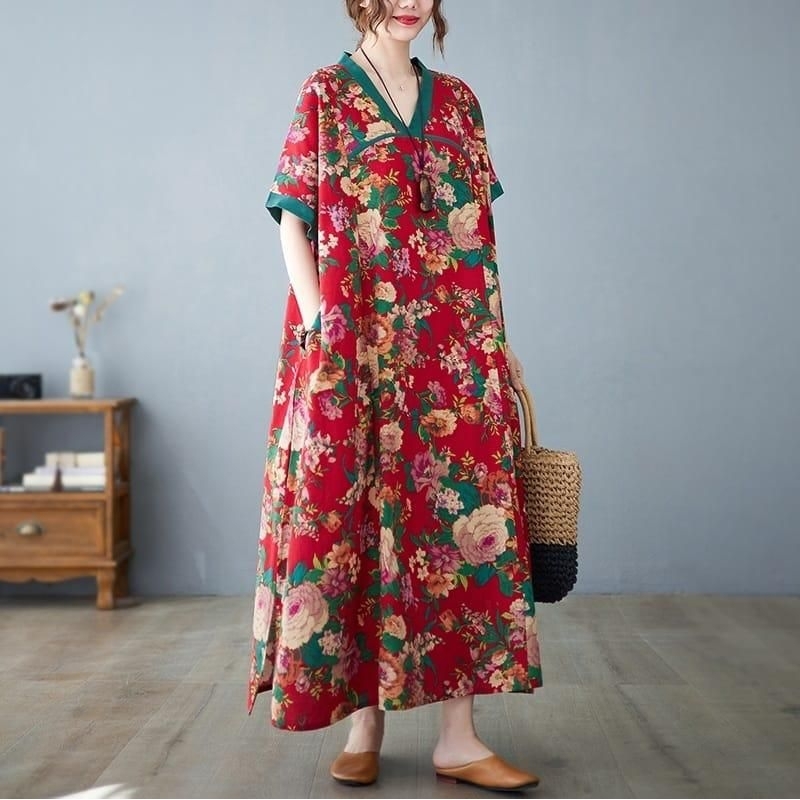 74004 Baju ASTERIA RED LOOSE VNECK DRESS lengan pendek dres Korea Korean style wanita import baju Mi