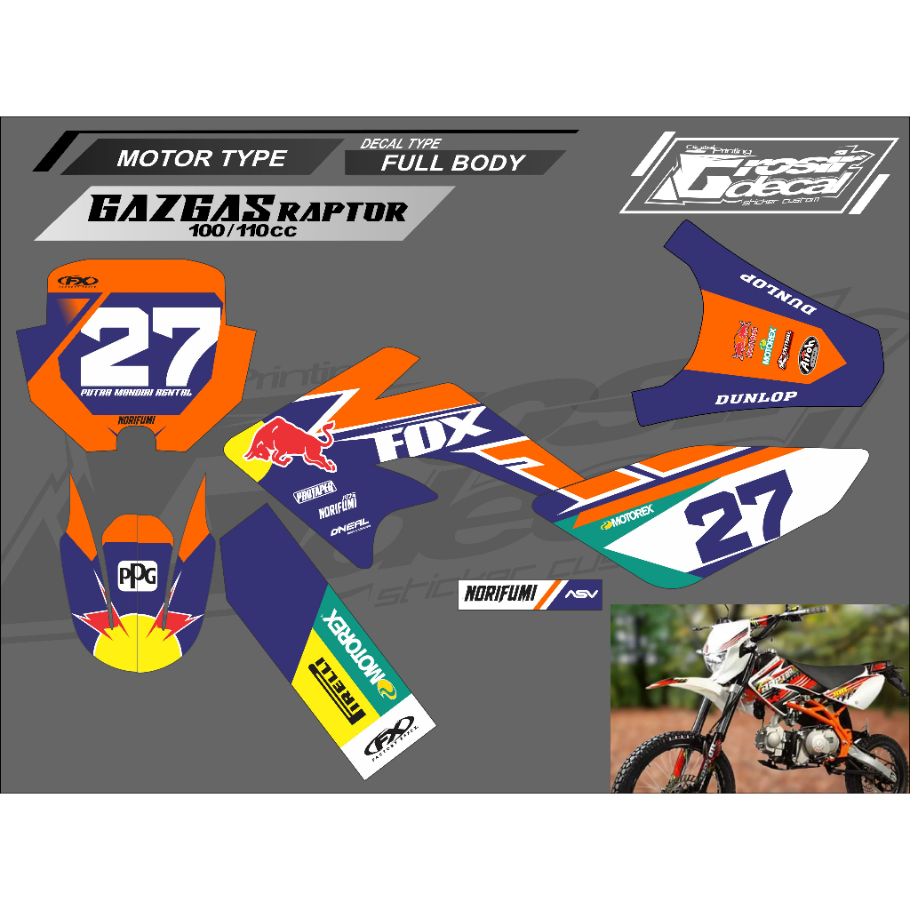 Decal Sticker Gazgas Raptor 100cc / 110cc /125cc Full Body Free Custom