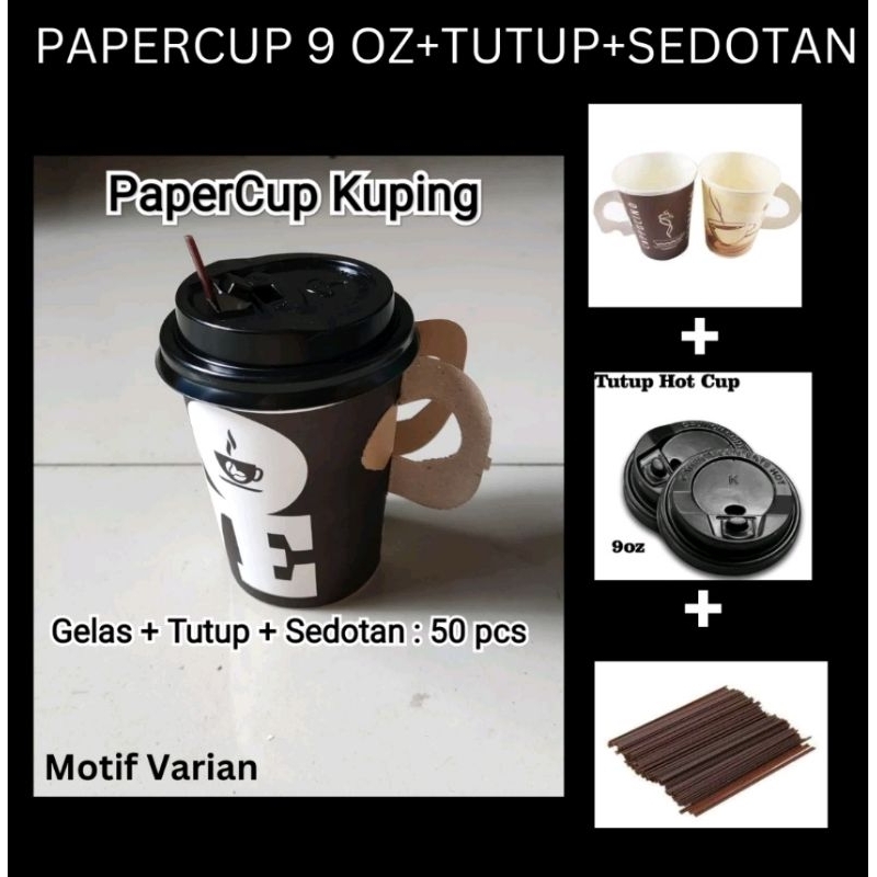 PaperCup Kuping / Gelas Kertas Gagang + Tutup + Sedotan (Isi 50Pcs), Paper Cup, Gelas Kertas, Gelas 