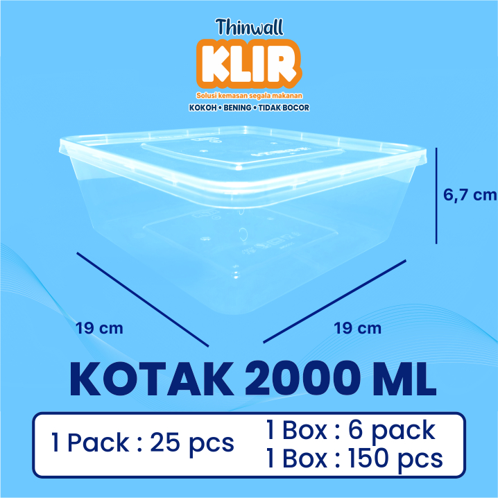 KLIR THINWALL KOTAK 2000ML SQUARE BOX PLASTIK KOTAK NASI ISI 25SET