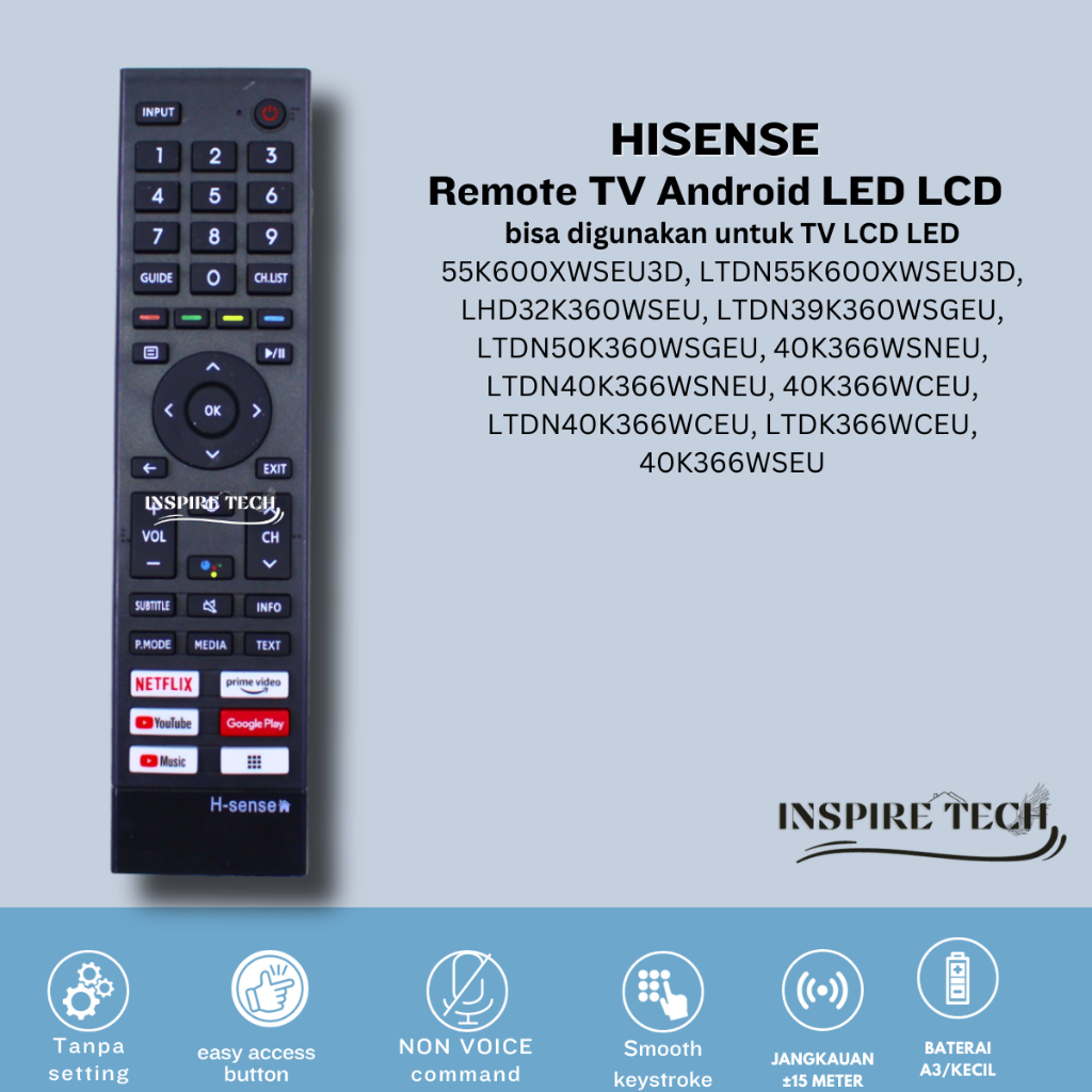 Remot Remote TV HISENSE Android Smart LED LCD 4K UHD H-SENSE 50A6500H 43A6500H 43A4200G NON VOICE