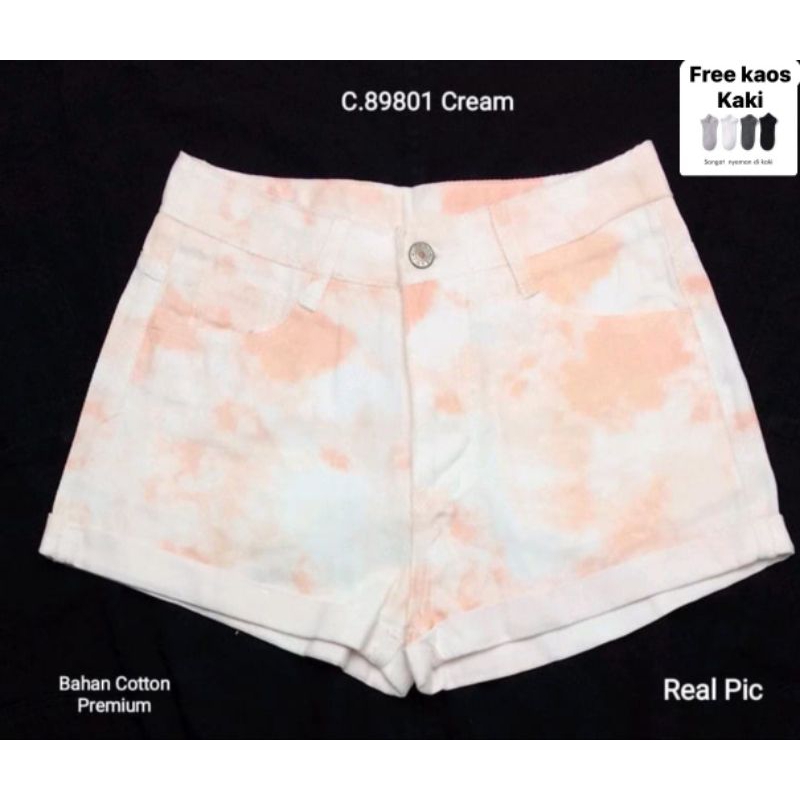hot pants putih motif orange  korean style celana pendek jeans wanita/ high waisted short /celana wa