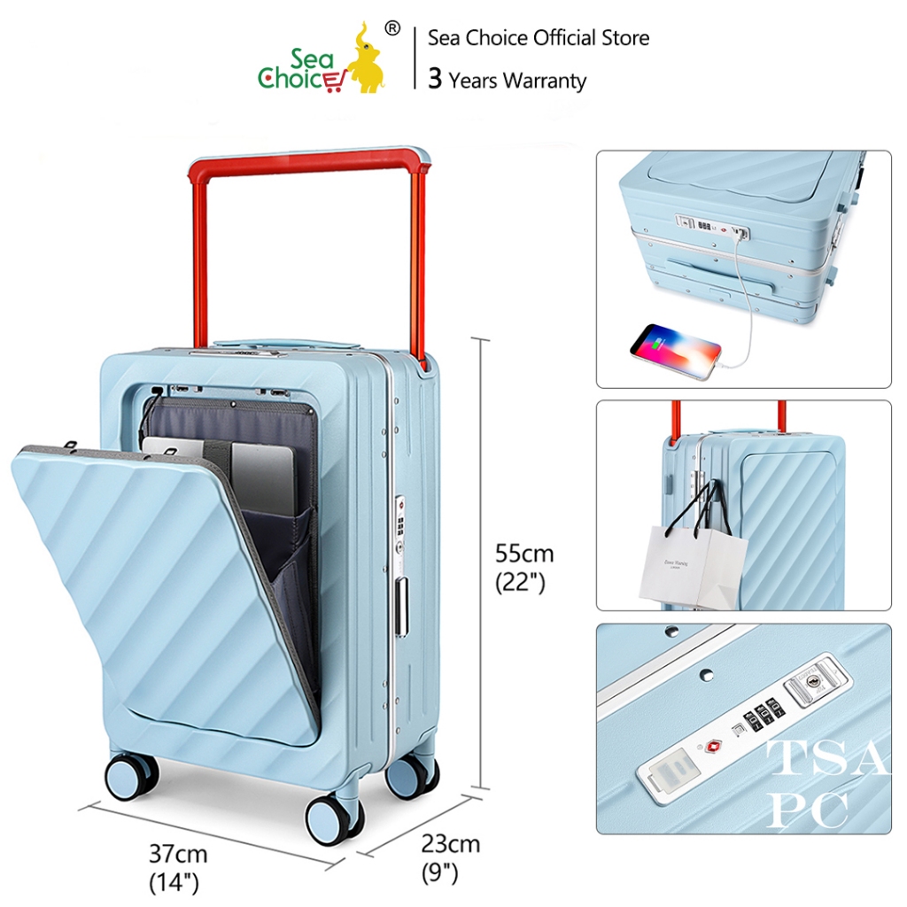 SEA CHOICE 20inci Koper Cabin Laptop Depan port Pengisian USB, Hardshell PC Rangka Aluminium Luggage