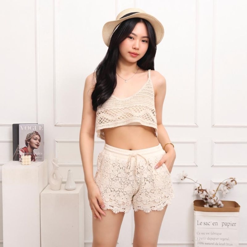 A130 Set2PCS Setelan ONESET CIRRUS CROCHET 2Pcs baju atasan tanktop set celana pendek hotpants mini 