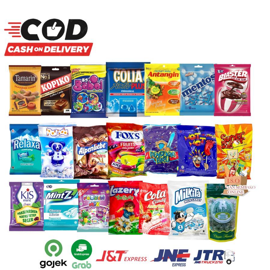 

(JSO) Permen Aneka Jenis 1 Pack Golia Mentos Fox Kiss Panda Tamarin Apenlieble Pendekar Biru Relaxa Hot hot pop big Babol Antangin Kopiko Cola bag Super zuper Lazery Yosan Inaco Lazery Mintz Blaster All Varian Rasa